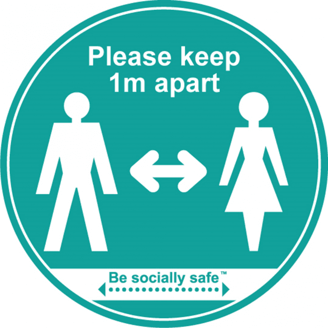 Please Keep 1m Apart Label, Self-Adhesive Vinyl Laminated, Turquoise (190mm dia.) Pack of 25